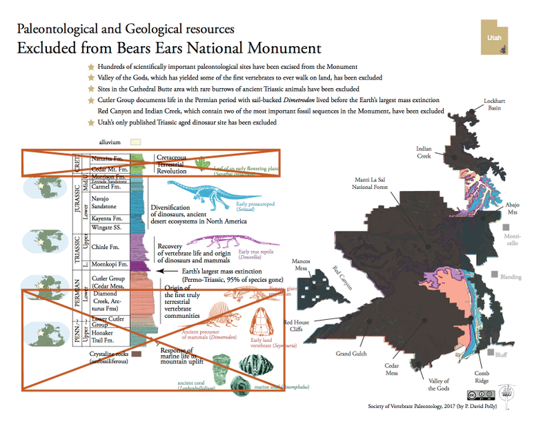 Map showing proposed cuts to Bears Ears National Monument and the paleontological resources that would be lost. Image Courtesy Society of Vertebrate Paleontology